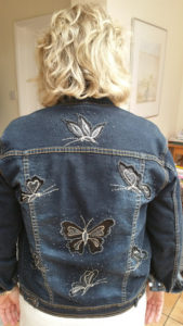 Repair, upcycle, recycle - Decorated denim jacket - my own.  I purchased this beaded denim jacket in Canada in 2007.